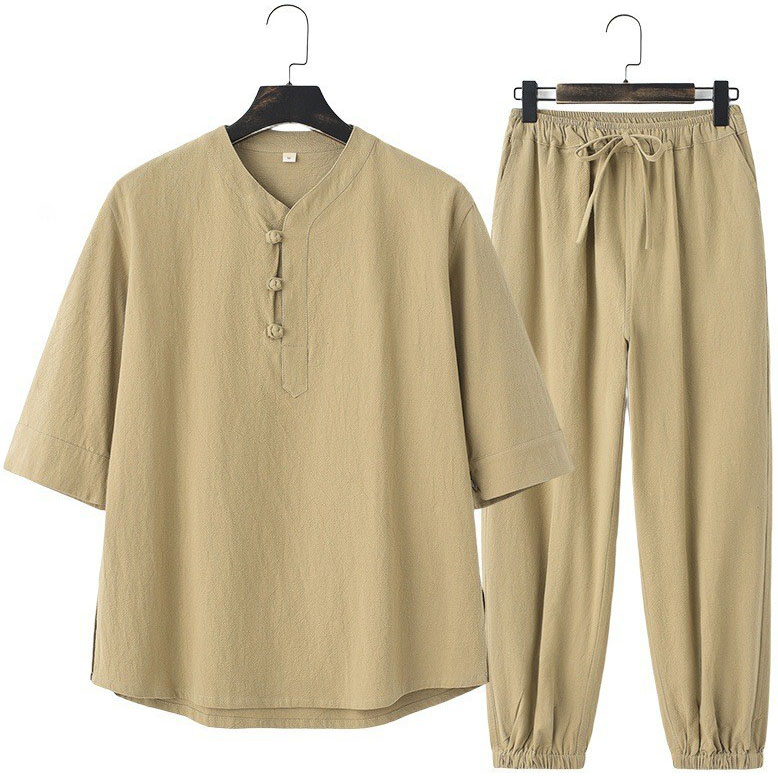 Mens Linen Two Piece Set V Neck Half Sleeve T Shirt And Pants - Image 7