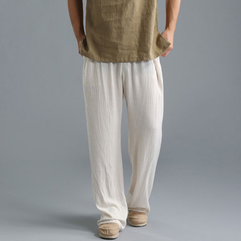 Mens Cotton Linen Trousers Straight Casual Pants Loose Baggy