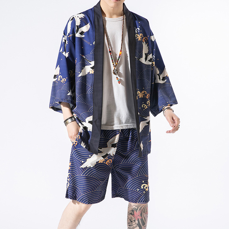 Men's Two Piece Outfits Silky Satin Rose Printed Open Front Kimono Shirt  And Casual Shorts Set In BLACK