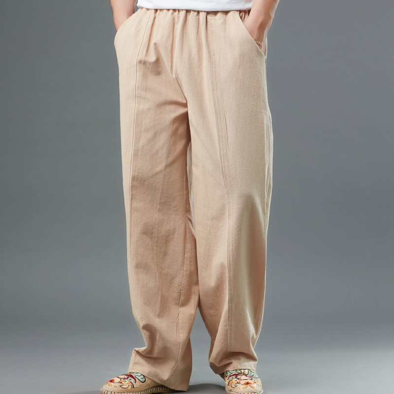 Mens Cotton Linen Trousers Straight Casual Pants Loose Baggy Drawstring  Pants