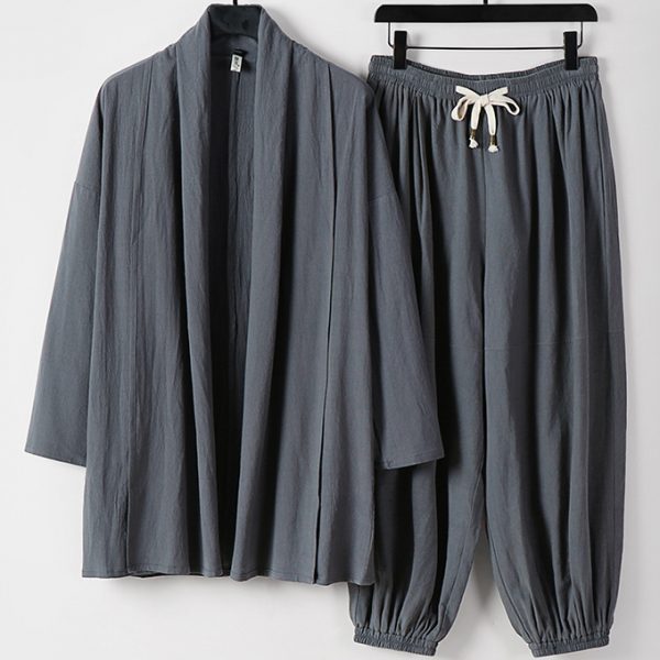 Big And Tall Mens Linen Kimono Cardigan Jacket And Pants Set - Image 2