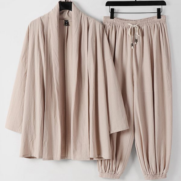 Big And Tall Mens Linen Kimono Cardigan Jacket And Pants Set - Image 3