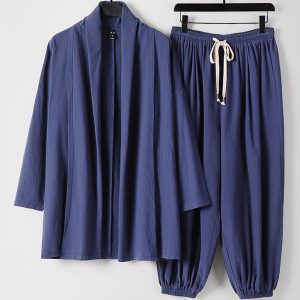 Big And Tall Mens Linen Kimono Cardigan Jacket And Pants Set