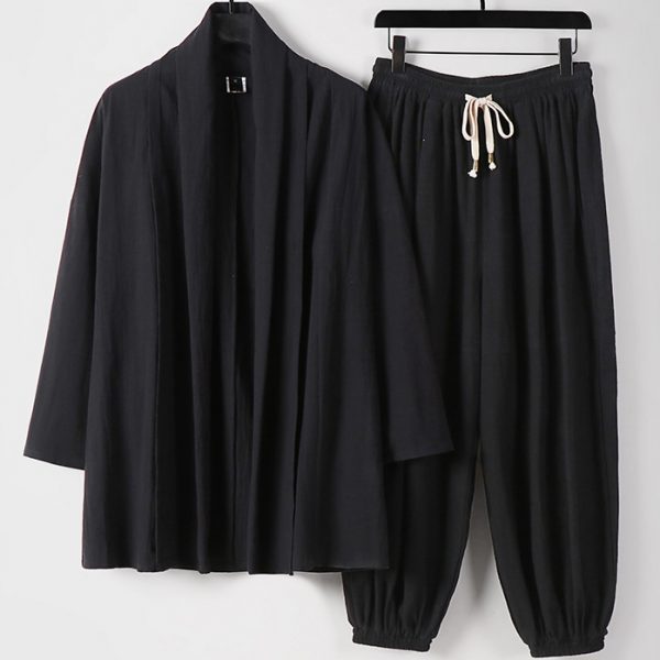 Big And Tall Mens Linen Kimono Cardigan Jacket And Pants Set - Image 5
