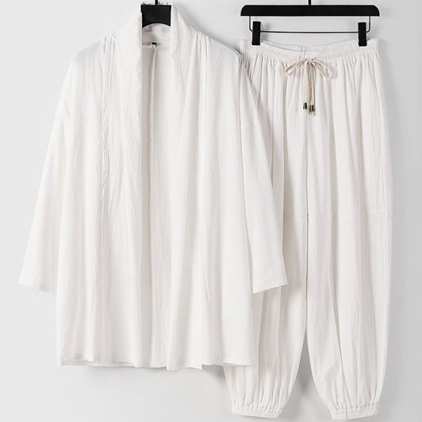 Big And Tall Mens Linen Kimono Cardigan Jacket And Pants Set - Image 4