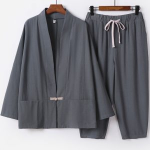 Plus Size Mens Cotton Linen Kimono Cardigan Jacket And Pants Set