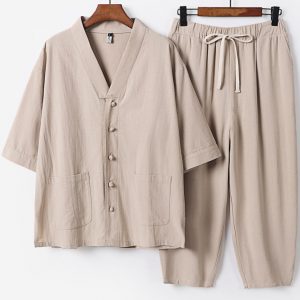 Plus Size Mens Front Button Three Quarter Sleeve Shirt With Pants Set
