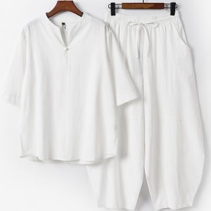 Plus Size Men's Linen Short Sleeve Shirt And Wide Leg Pants Two Piece Outfit