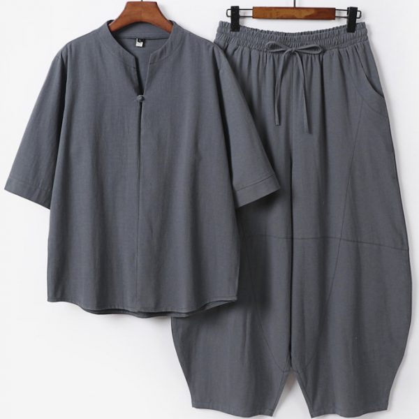 Plus Size Men's Linen Short Sleeve Shirt And Wide Leg Pants Two Piece Outfit - Image 3