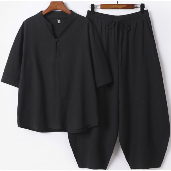 Plus Size Men's Linen Short Sleeve Shirt And Wide Leg Pants Two Piece Outfit - Image 4