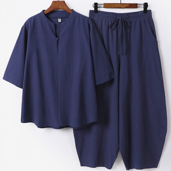 Plus Size Men's Linen Short Sleeve Shirt And Wide Leg Pants Two Piece Outfit - Image 2