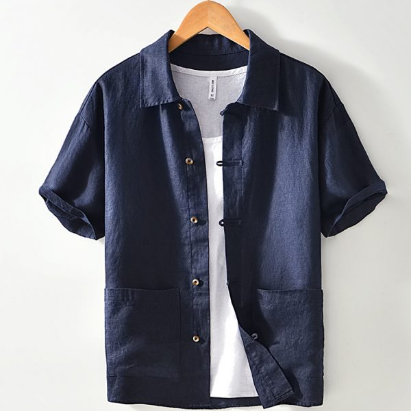 100 Linen Vintage Button Down Collar Shirts With Two Pockets - Image 2