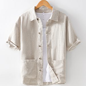 100 Linen Vintage Button Down Collar Shirts With Two Pockets