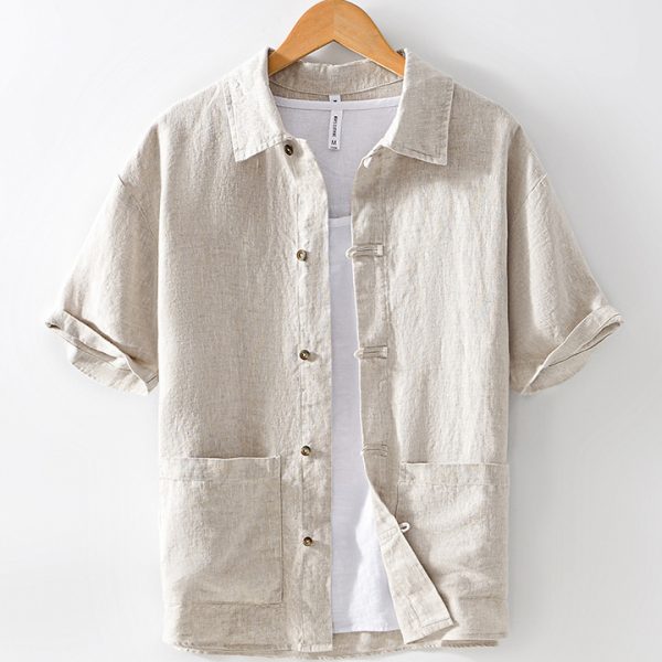 100 Linen Vintage Button Down Collar Shirts With Two Pockets