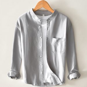 100 Percent Cotton Casual Stand Collar Long Sleeve Shirt