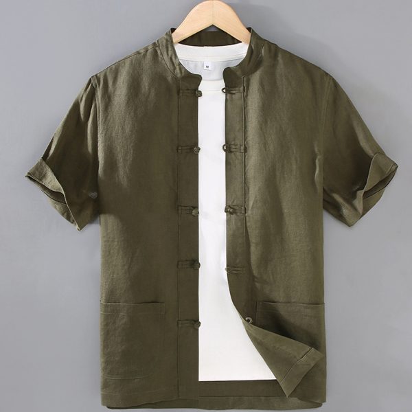 100 Percent Linen Kung Fu Short Sleeve Shirt With Pocket - Image 5