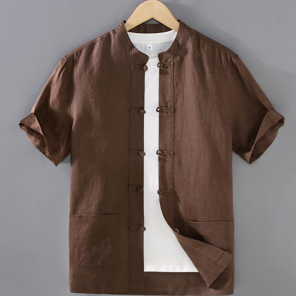 100 Percent Linen Kung Fu Short Sleeve Shirt With Pocket - Image 4