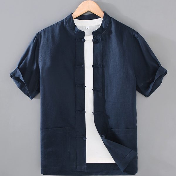 100 Percent Linen Kung Fu Short Sleeve Shirt With Pocket - Image 2