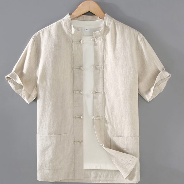 100 Percent Linen Kung Fu Short Sleeve Shirt With Pocket