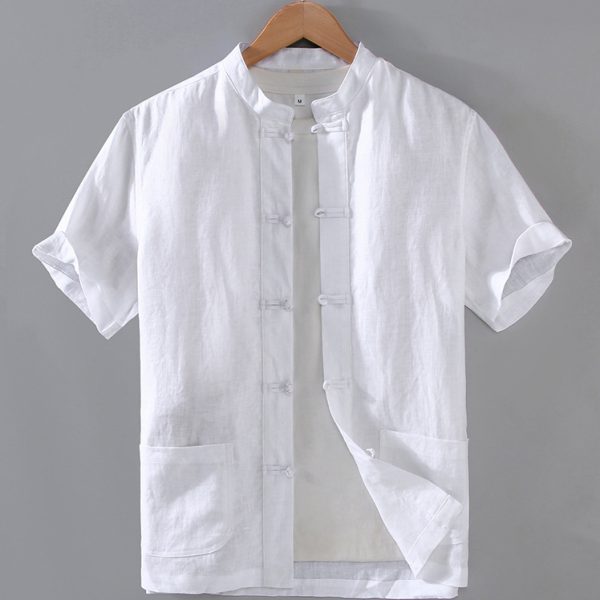 100 Percent Linen Kung Fu Short Sleeve Shirt With Pocket - Image 3