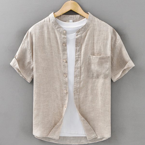 Men's 100 Linen Mandarin Collar Short Sleeve Shirt With A Pocket - Image 2