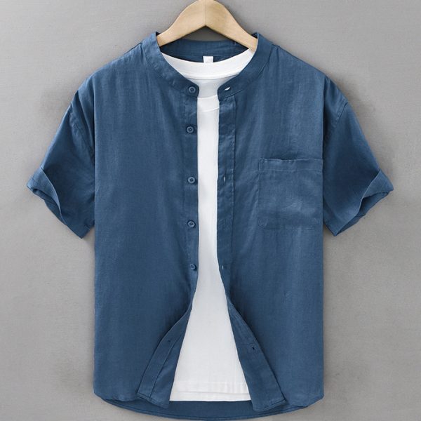Men's 100 Linen Mandarin Collar Short Sleeve Shirt With A Pocket - Image 3