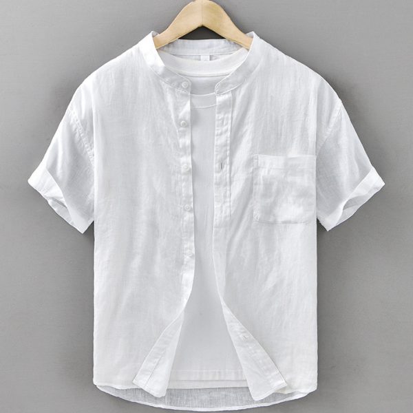 Men's 100 Linen Mandarin Collar Short Sleeve Shirt With A Pocket - Image 4