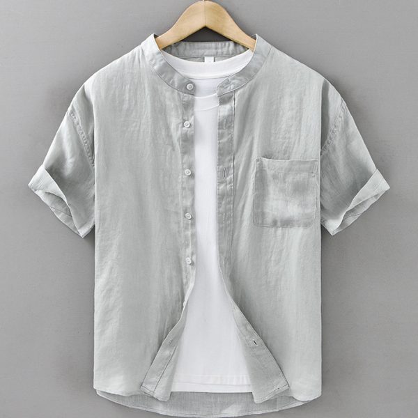 Men's 100 Linen Mandarin Collar Short Sleeve Shirt With A Pocket