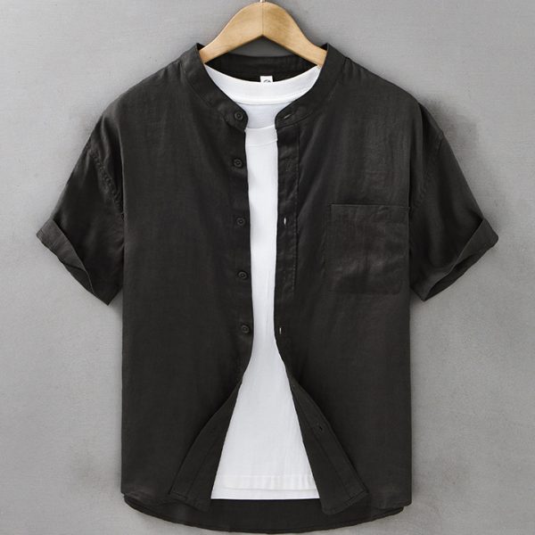 Men's 100 Linen Mandarin Collar Short Sleeve Shirt With A Pocket - Image 5
