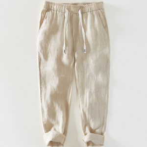 Mens 100 Percent Linen Drawstring Waist Tapered Pants
