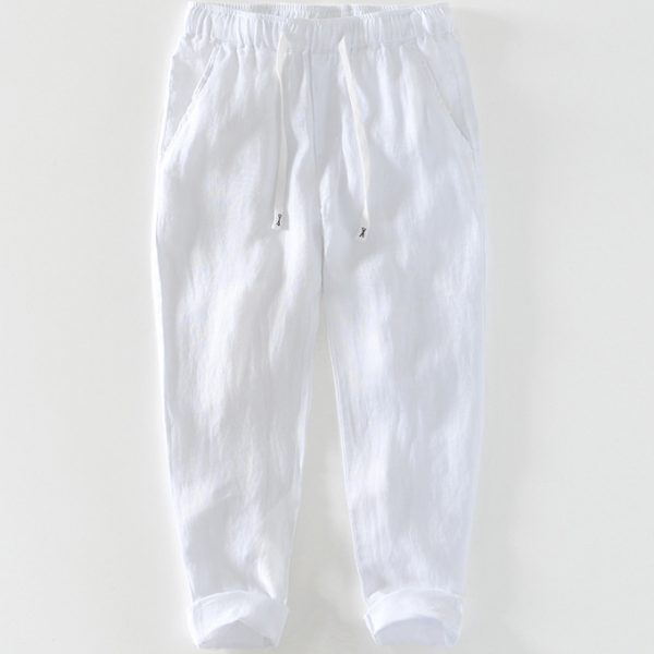 Mens 100 Percent Linen Drawstring Waist Tapered Pants - Image 4