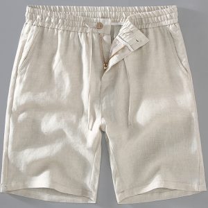 Mens 100 Percent Linen Elastic Waist Button Fly Shorts