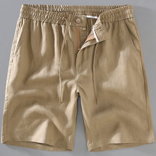 Mens 100 Percent Linen Elastic Waist Button Fly Shorts - Image 2