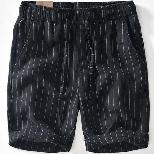 Mens Cotton Linen Elastic Waist Striped Beach Shorts - Image 4