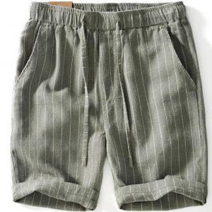 Mens Cotton Linen Elastic Waist Striped Beach Shorts
