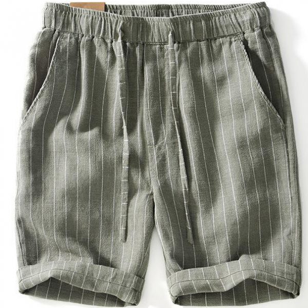 Mens Cotton Linen Elastic Waist Striped Beach Shorts