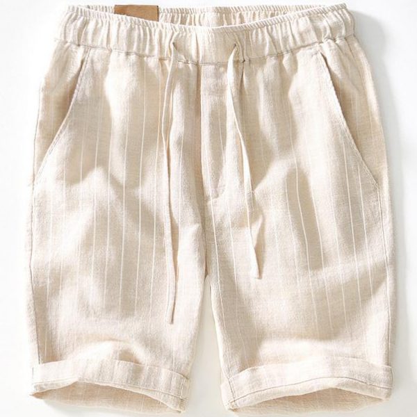 Mens Cotton Linen Elastic Waist Striped Beach Shorts - Image 2