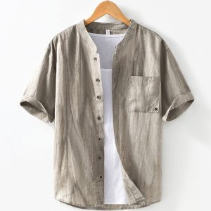 Men's Cotton Linen Short Sleeve Band Collar Shirt With Pocket