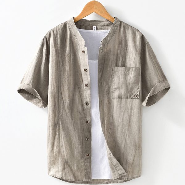 Men's Cotton Linen Short Sleeve Band Collar Shirt With Pocket