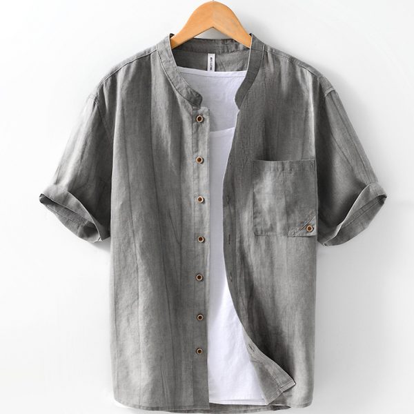 Men's Cotton Linen Short Sleeve Band Collar Shirt With Pocket - Image 2