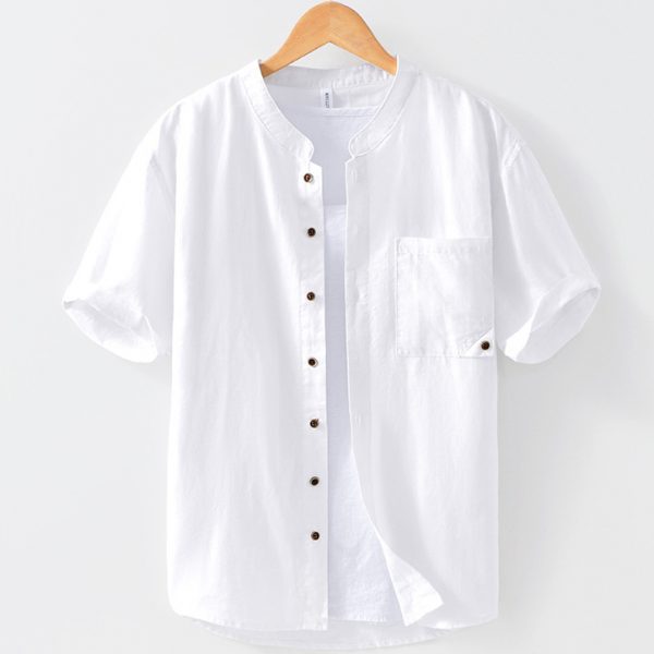 Men's Cotton Linen Short Sleeve Band Collar Shirt With Pocket - Image 3