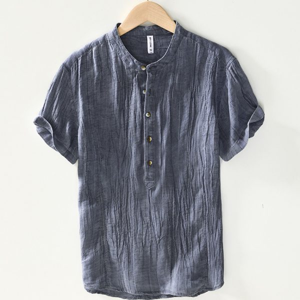 Mens Linen Blend Half Button Band Collar Shirt - Image 3