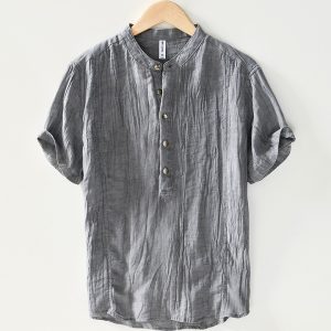 Mens Linen Blend Half Button Band Collar Shirt