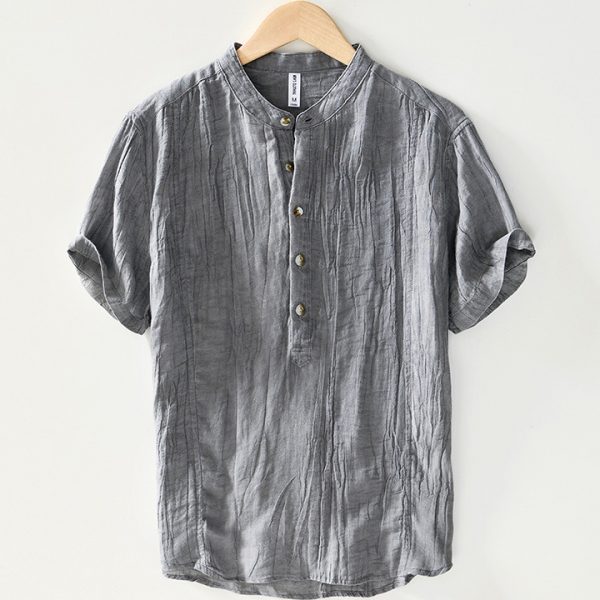 Mens Linen Blend Half Button Band Collar Shirt