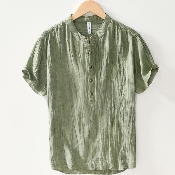 Mens Linen Blend Half Button Band Collar Shirt - Image 4