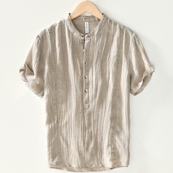 Mens Linen Blend Half Button Band Collar Shirt - Image 2