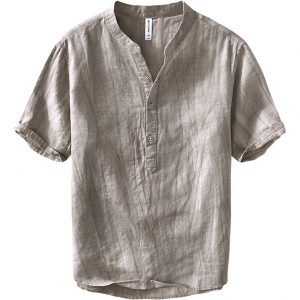 Mens Linen Blend V Neck Shirt With Three Buttons