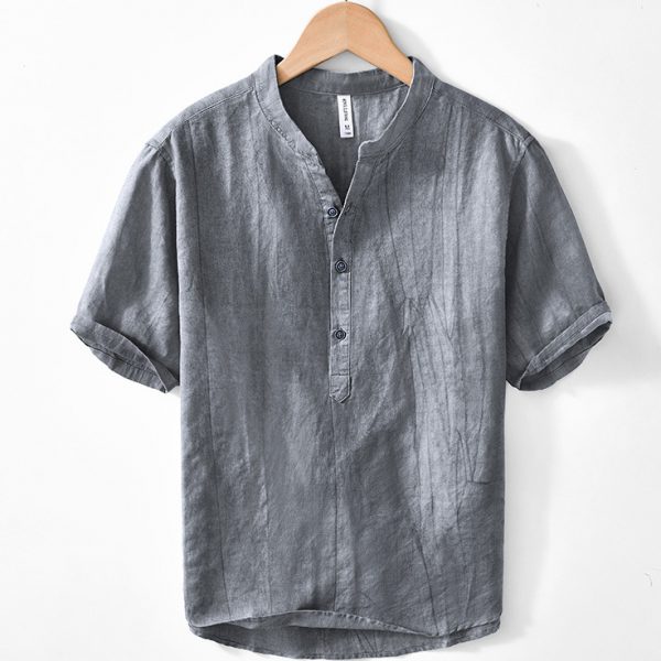 Mens Linen Blend V Neck Shirt With Three Buttons - Image 2