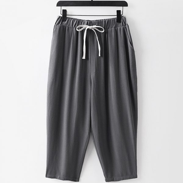 Oversized Mens Cotton Linen Drawstring Relaxed Fit Cropped Pant - Image 2