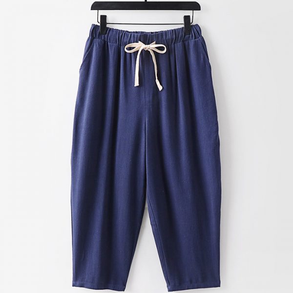 Oversized Mens Cotton Linen Drawstring Relaxed Fit Cropped Pant - Image 3